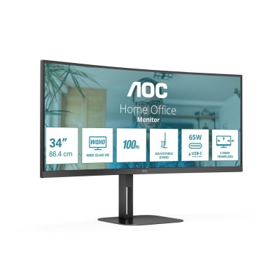 34" AOC CU34V5C/BK/23, Curved VA 3440x1440, 1 ms, 100Hz FreeSync, 1500R, höjdjusterbar, HDMI/DP/USB-C 65W, högtalare, USB 3.2-hubb#1