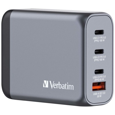 AC-adapter Verbatim GaN Charger 100W, 3xUSB-C / 1xUSB-A, inkl. reseadapter EU/UK/US#1