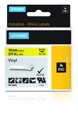 DYMO Rhino Professional, märkbar permanent vinyltejp, 19 mm, svart text på gul tejp, 5,5 m