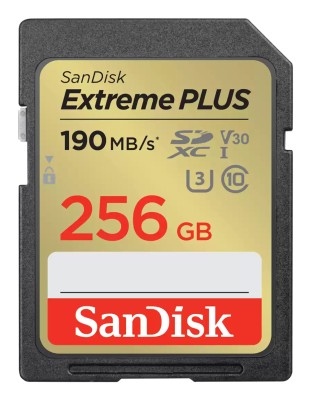 Secure Digital SDXC 256 GB Sandisk Extreme Plus, 190/130 MB/sek, Class 10, UHS-I V30, U3, inkl. 2 års RescuePro Deluxe