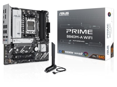 Asus PRIME B840M-A WIFI , AMD AM5, MicroATX, 4xDDR5, PCI Express, 3xM.2 + SATA3 RAID, HDMI/2xDP, USB-C, 2.5Gbe LAN, WiFi 6E, Bluetooth 5.3, Aura Sync RGB