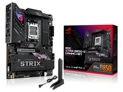 Asus ROG STRIX B850-E GAMING WIFI, AMD AM5, ATX, 4xDDR5, 3xPCI Express, 5xM.2 + SATA3 RAID, HDMI/DP/USB4, USB-C, 5Gbe LAN, ROG SupremeFX 7.1 ljud, WiFi 7, Bluetooth 5.4, Aura Sync RGB