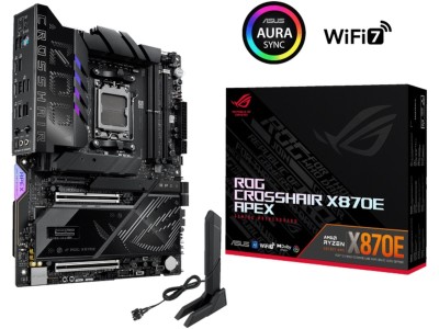 Asus ROG Crosshair X870E Apex, AMD Socket AM5, ATX, 2xDDR5, 4xPCI Express, 5xM.2 + SATA3 RAID, HDMI/2xUSB4, ROG SupremeFX 7.1 audio, 5GbE LAN, WiFi 7, Bluetooth 5.4, Aura Sync RGB
