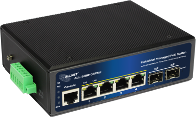 ALLNET ALL-SGI8106PMJ-BT, 4xPoE GbE, 2xSFP, fläktlös, DIN-skena, 360W PoE, Smart Layer2+#1