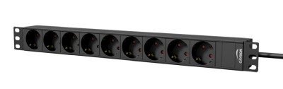 Caymon PSR109G/B är en 19" 1HE strömlist / panel / PDU med 9st schuko-uttag på fronten.