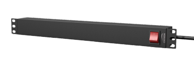 19" Caymon 1HE strömlist/panel med 9st schuko, on/off front#2