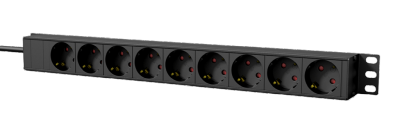 19" Caymon 1HE strömlist/panel med 9st schuko, on/off front