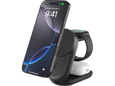 Belkin UltraCharge 3-in-1 Foldable Magnetic 25W Qi2 Charger, inkl. 45W USB-C strömadapter - Svart