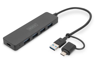 USB 3.0-hub Digitus Slimline Hub, 4xUSB 3.0, med USB-C-adapter